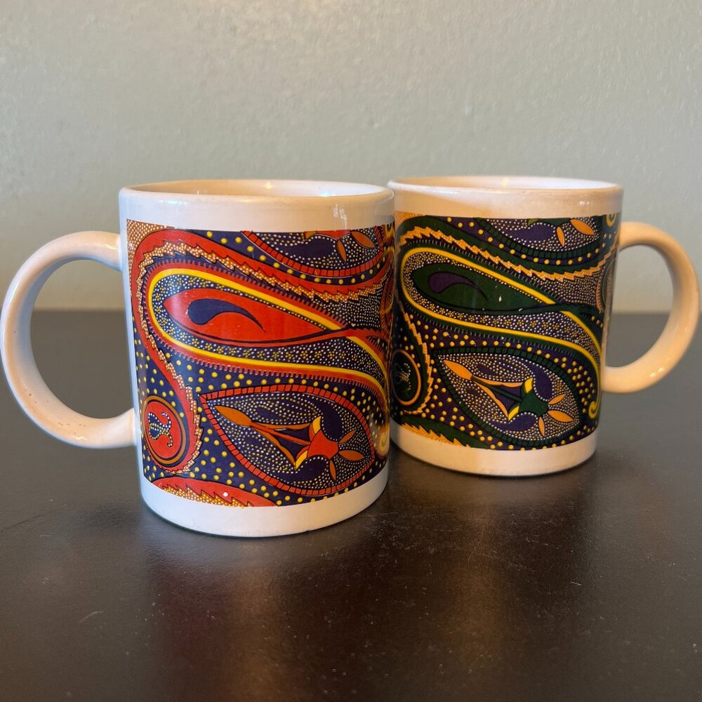 Set of 2 Australia Aboriginal Dot Painting  DreamTime Art Inspired Ceramic Mugs